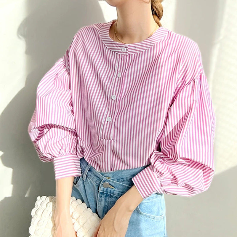 Women Shirt Summer Loose High Grade 7 Color Striped Lantern Sleeve Top Women