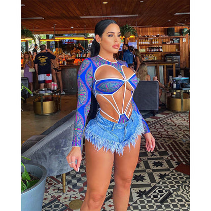 Women Clothing Swimsuit Lady Sexy Hollow Out Cutout Digital Printing Long Sleeve Jumpsuit