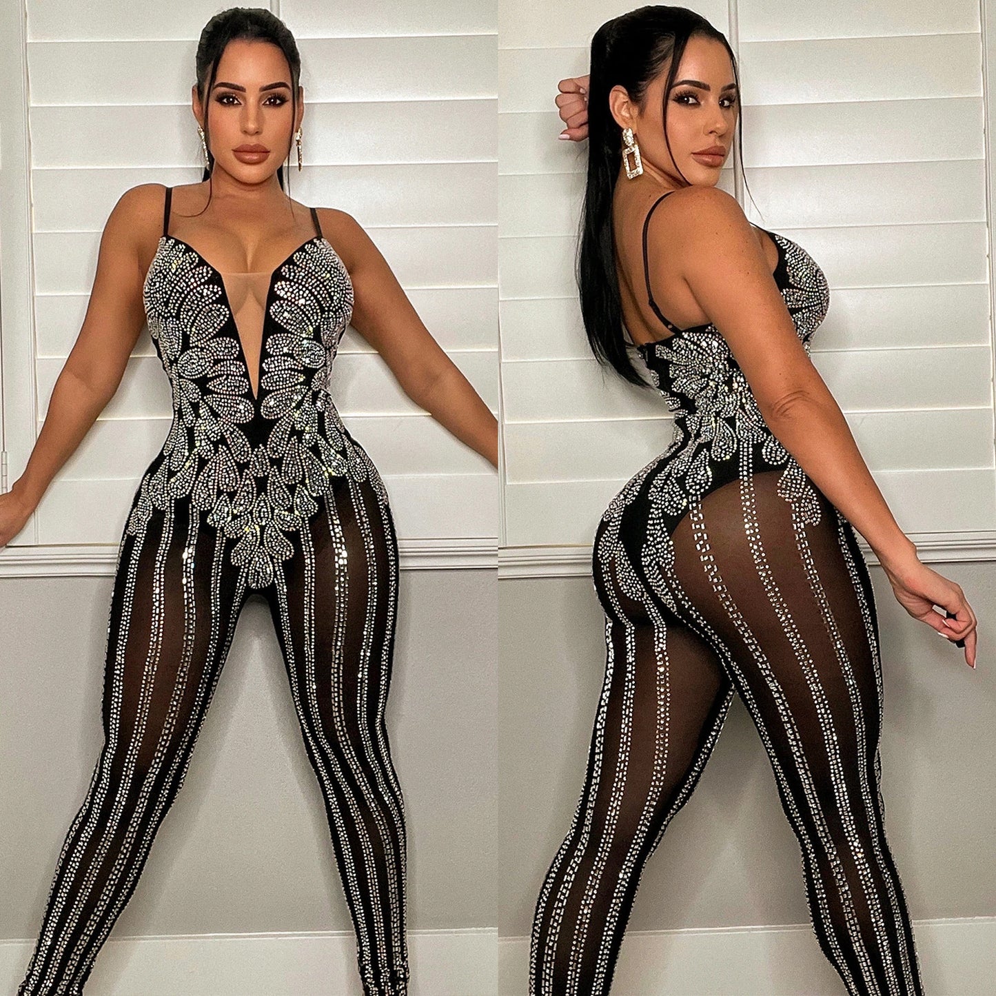 Nachtclub Mesh Bohren Durchsichtig Sling Jumpsuit Frauen Kleidung