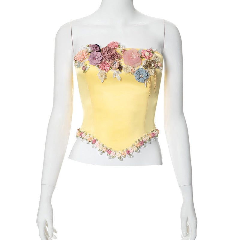 Damenbekleidung Sommer Einfarbig Ärmellos Lässiges Tube-Top Reißverschluss Dreidimensionales Blumendekor-Top für Damen