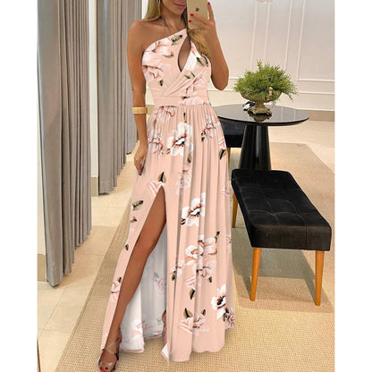 Women Clothing Slant Shoulder Dress Elegance Sleeveless Sexy High Waist Split Dress