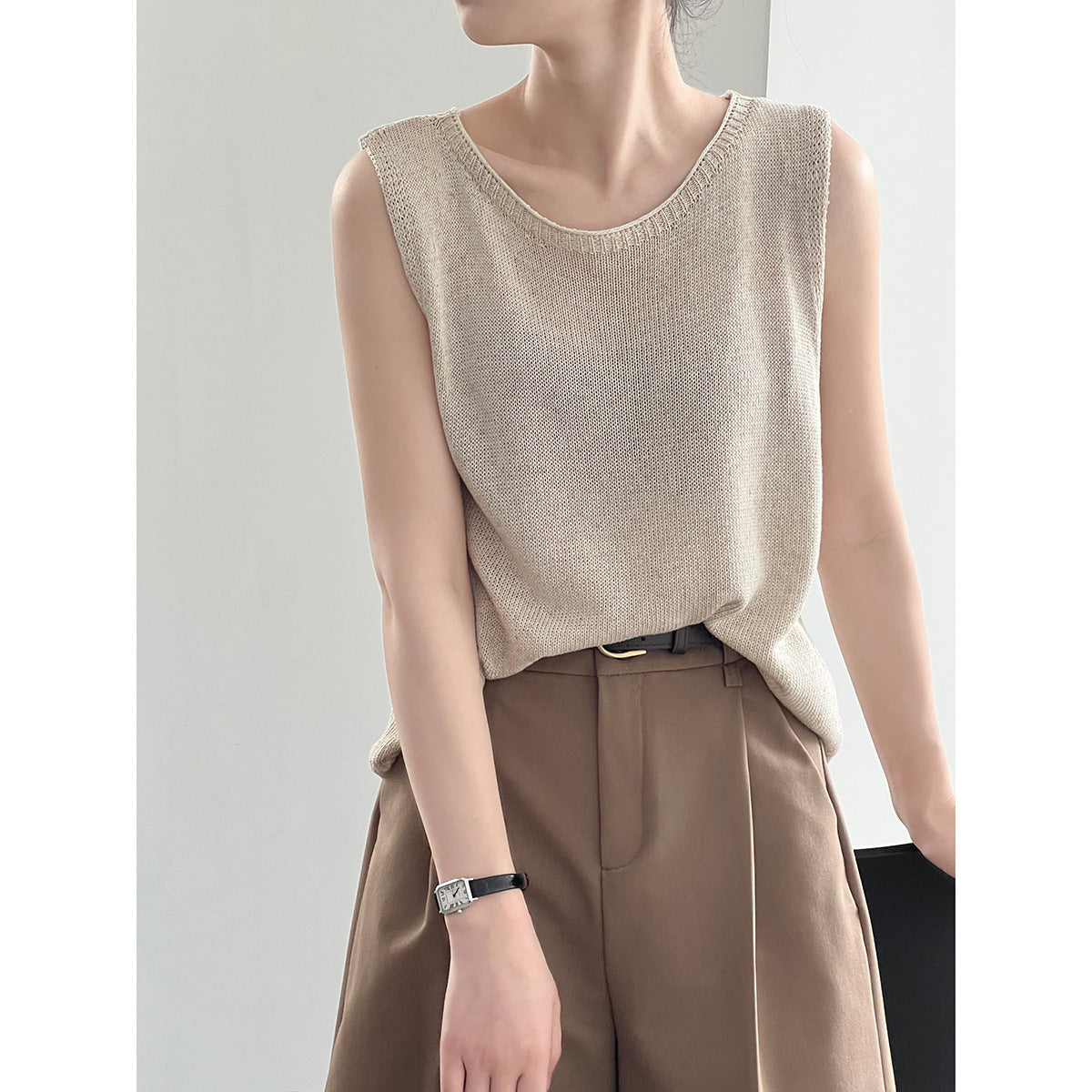 Simple Solid Color U Collar Knitted Vest Summer Loose Inner Wear Outer Vest