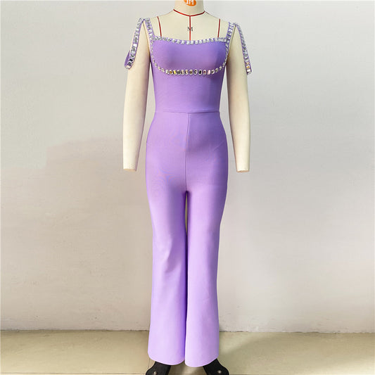 Sexy ärmelloser Jumpsuit mit hoher Taille und Strasssteinen, enger Stretch-Overall mit weitem Bein für Damen