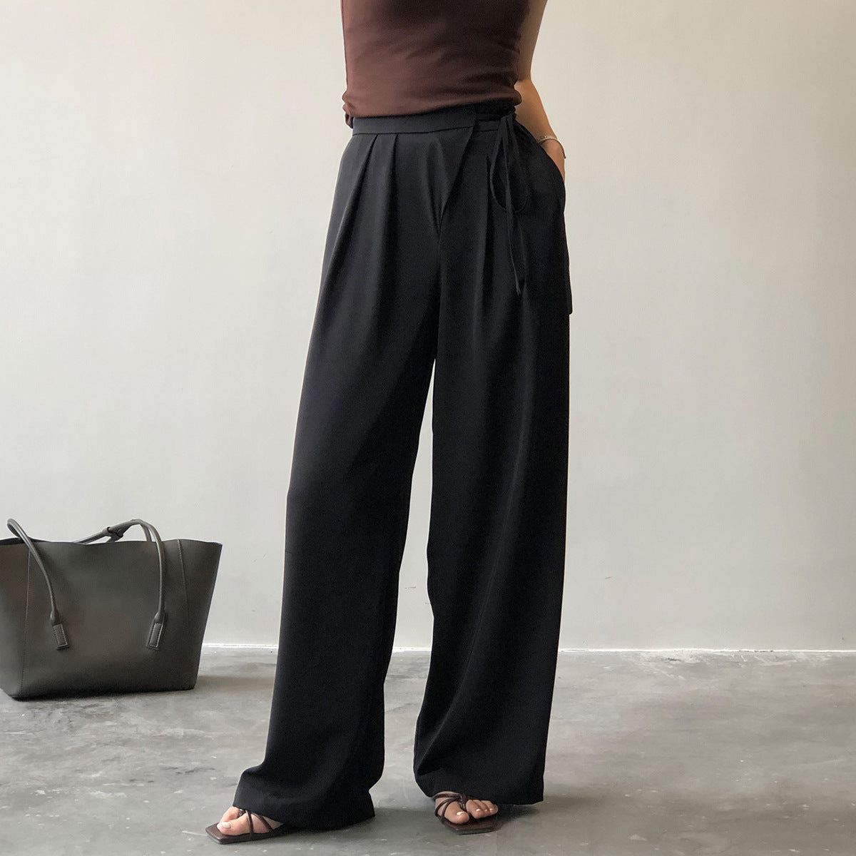 Pantalón de trabajo Mujer Otoño Nicho Cintura alta con correas Drape Casual Pierna recta Pantalones anchos