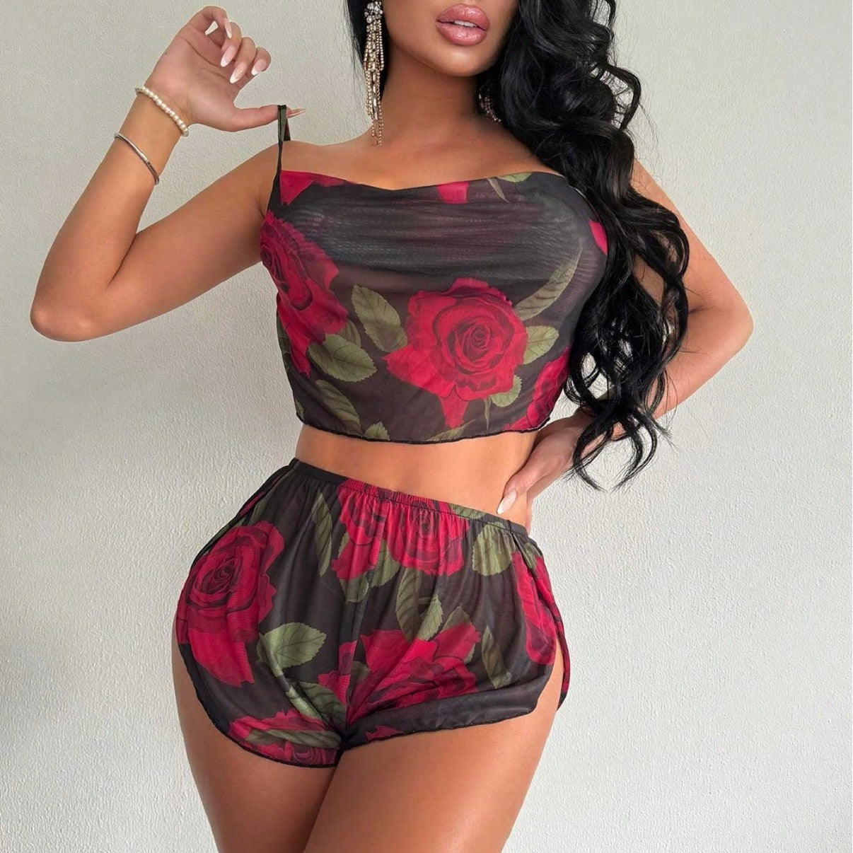 Swimsuit Split Bikini Swimsuit Women Bikin Rose Print Two Piece Sling