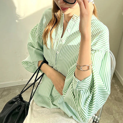 Women Shirt Summer Loose High Grade 7 Color Striped Lantern Sleeve Top Women