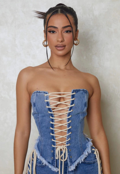 Frühling Sommer Beliebtes Retro Kreuzgurt Verstellbares gewaschenes Denim Tube Top