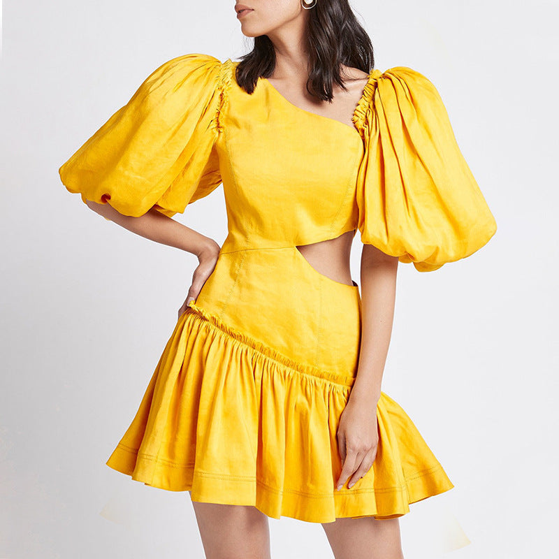 Spring Pleated Shoulder Puff Sleeve High Waist Slim-Fit Vacation Dress