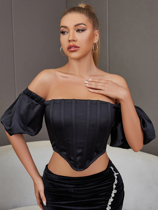 Summer off Shoulder Black Short Top Short Puff Sleeve Elegant Nightclub Tight Party Street Boning Corset Top