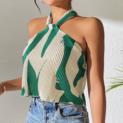 Summer Women Sleeveless Vest Halter Pleated Irregular Asymmetric Pattern Print Backless Back Bandage Vest