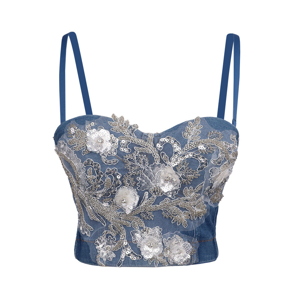 Stretch Denim Boning Corset Bra Camisole Women Outer Wear Embroidered Piece