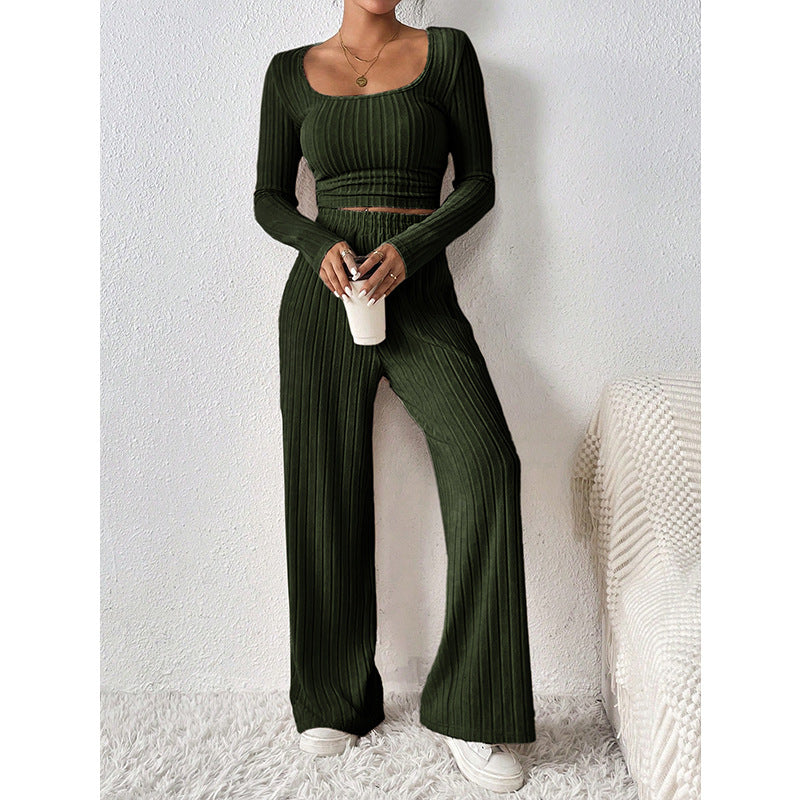 Round Neck Long Sleeve Casual Set Knitted Sunken Stripe Wide Leg Pants Sets for Women