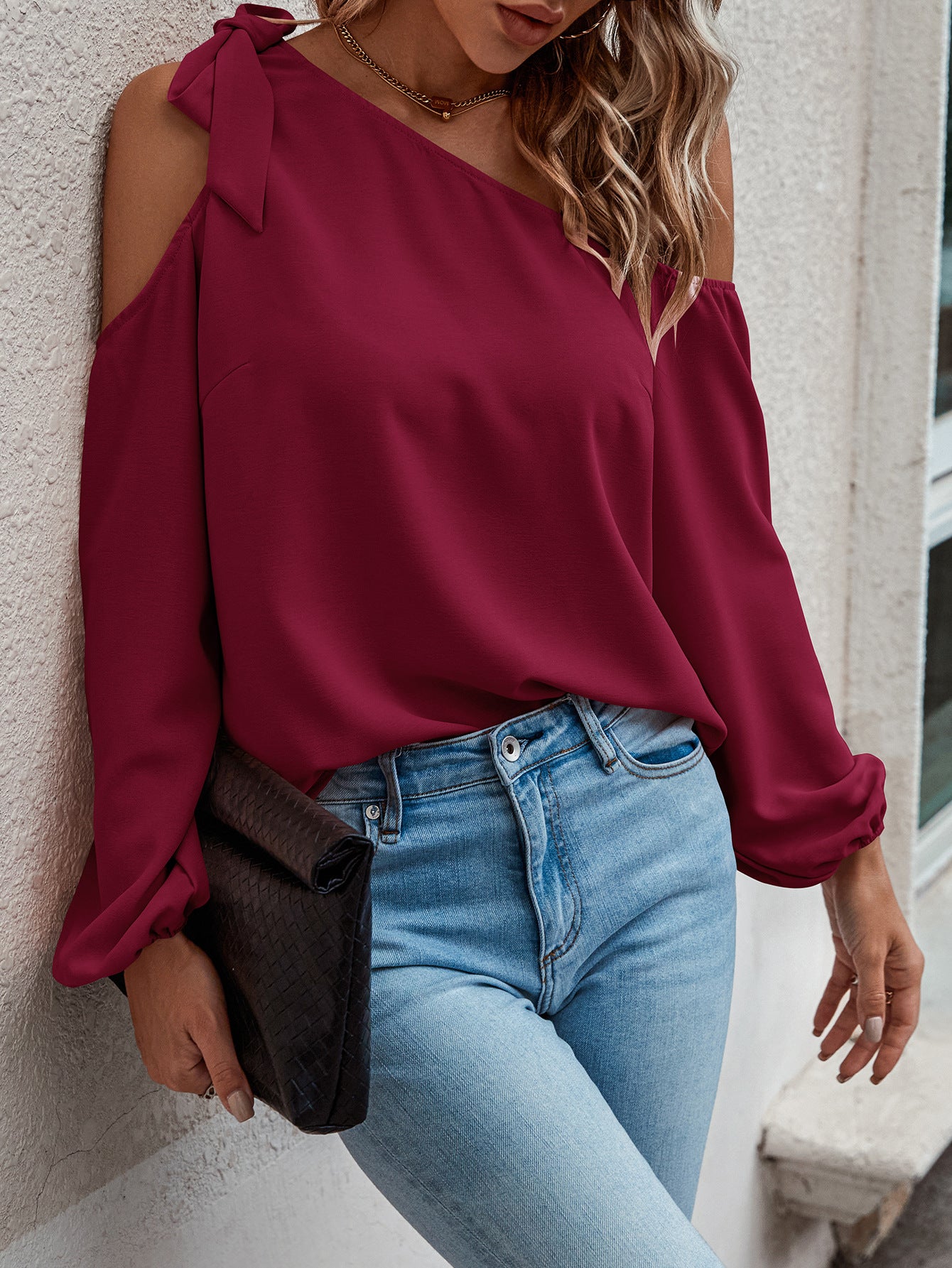 Spring Summer Solid Color Casual Loose One Shoulder Tied Long Sleeves Top