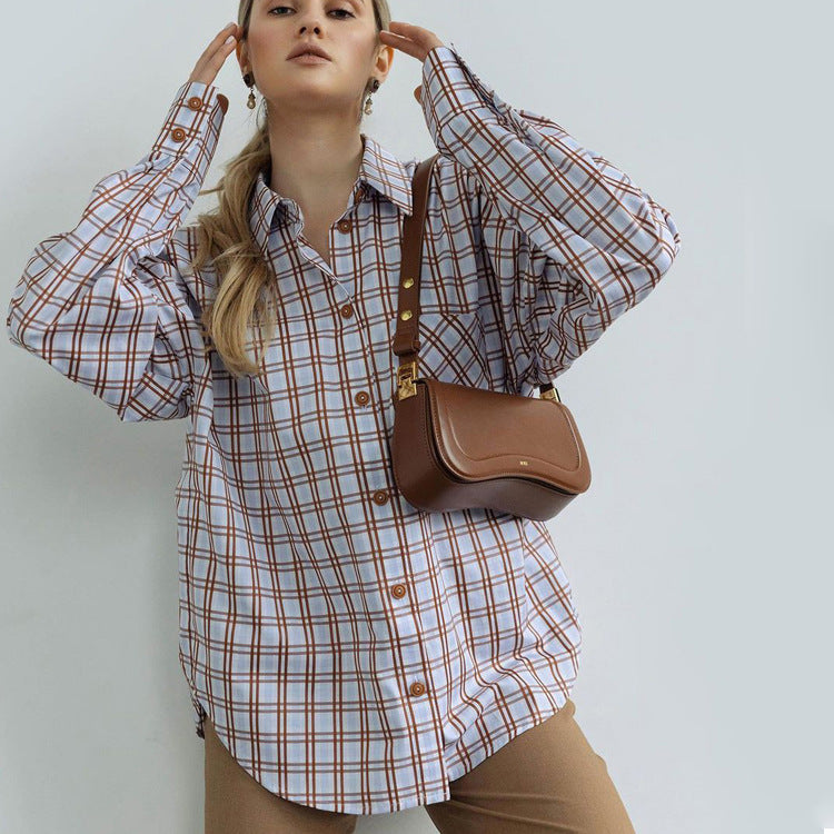 Frauen Herbst Langarm Plaid Shirt Retro Alle Passenden Kragen Lose Hemd