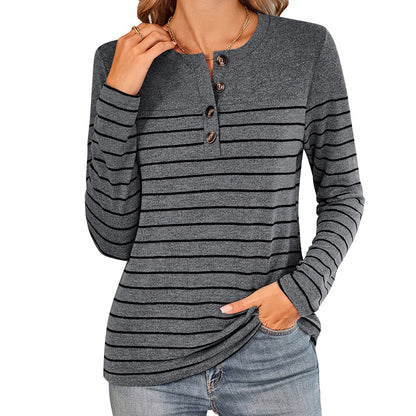 Damenbekleidung Herbst Winter Gestreiftes Kontrastfarbenes Halbcardigan-Knopf Langarm-T-Shirt für Damen