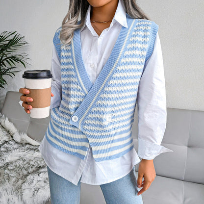 Stripe College Knitted Vest Sweater Women Clothing