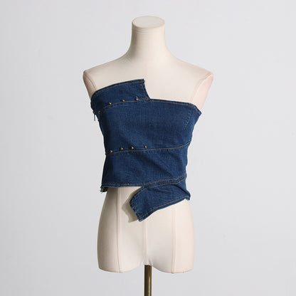 Sexy Retro Blue Denim Tube Top for Women Autumn Sexy Slim Slimming Short Vest