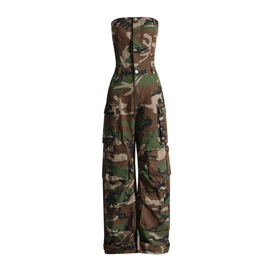 Personalized Fashionable Camouflage Pattern Women Jumpsuit Bandeau Slim Fit Slimming Work Clothes Women Casual Pants