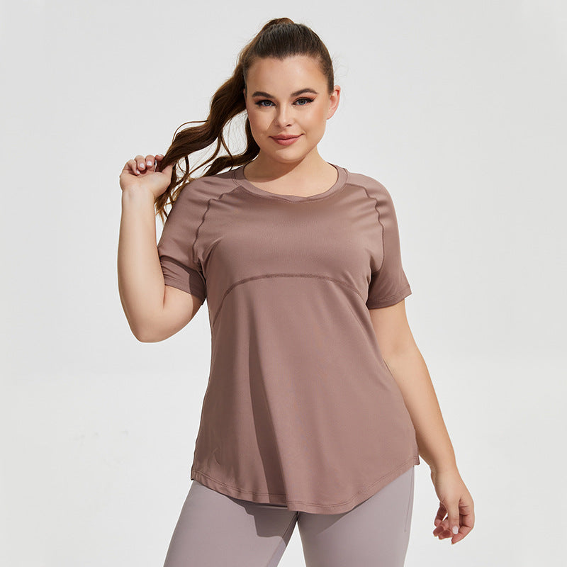 Ropa deportiva de talla grande para mujer, ropa fina de Yoga hasta el muslo, malla de belleza, espalda, transpirable, manga corta, para correr y Fitness