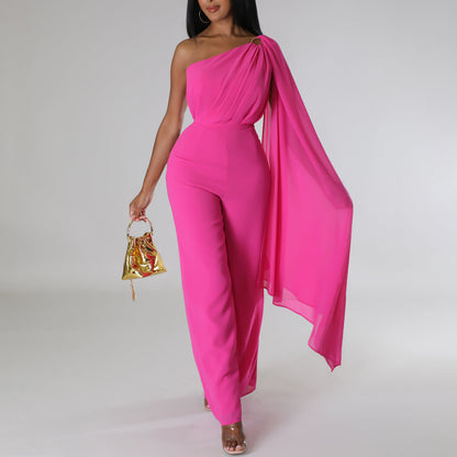 Women Clothing Solid Color Office Sexy One Shoulder Cocktail Dress African Jumpsuit