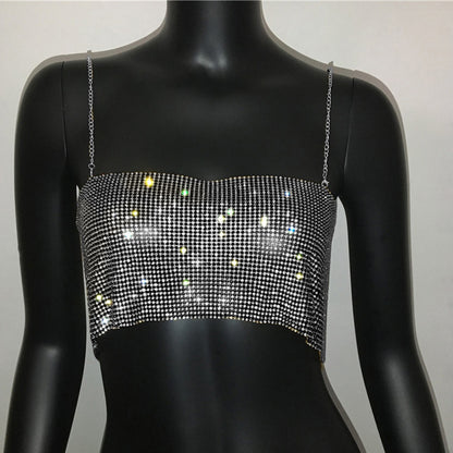 Ropa de mujer, tirantes sexys de Sequ de Metal, Top con diamantes de imitación para niñas, camisola con cadena dulce y picante