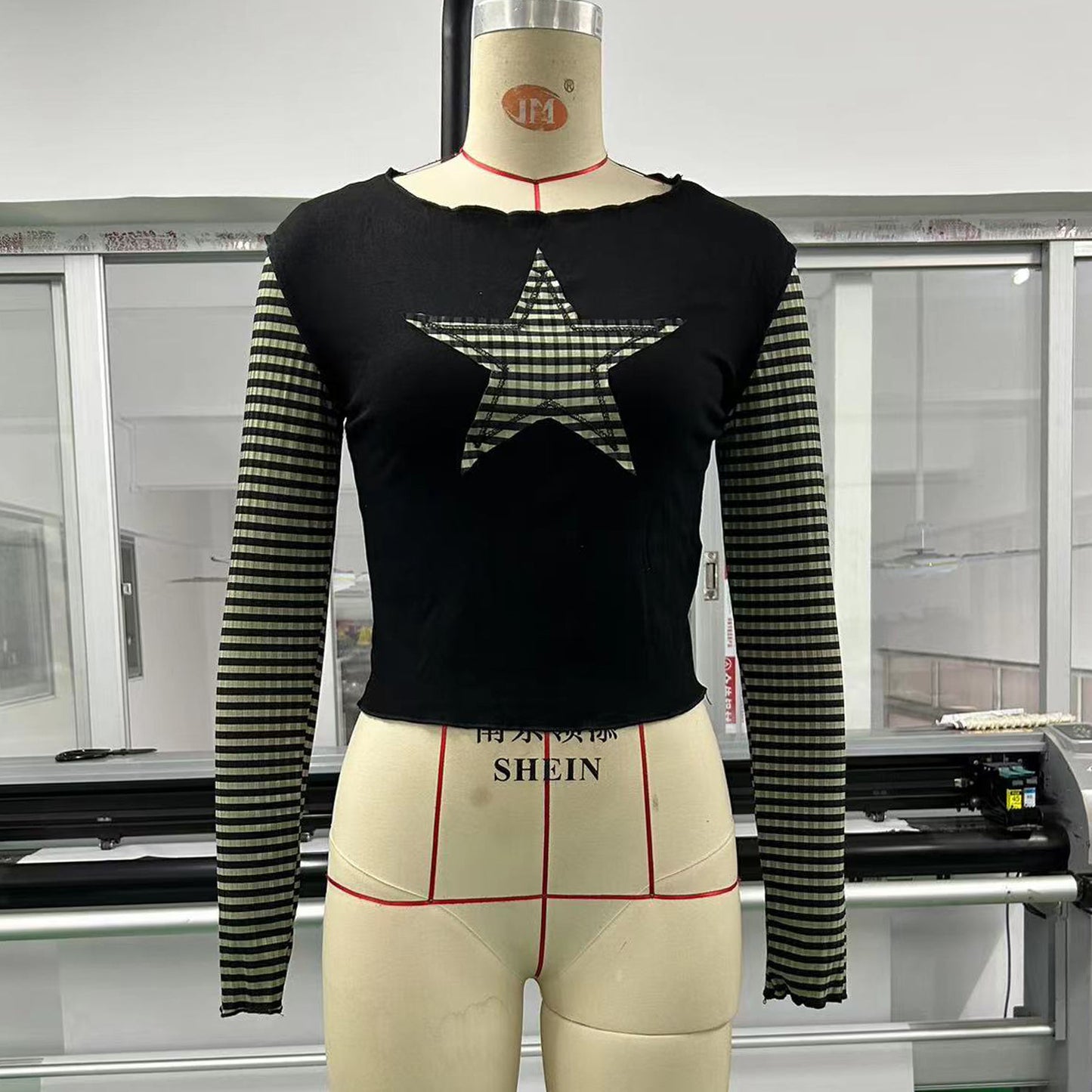 Star Stripes Sweet Cool Women Long Sleeve Striped Stitching T shirt Five Pointed Star Embroidered Casual Top