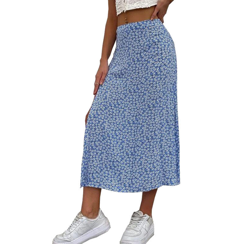 Summer Floral Skirt Split A- line Sheath Mid-Waist Skirt