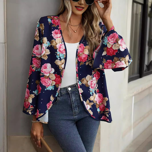 Ropa de mujer Best Seller Primavera Otoño Camisa de mujer con cuello en V y estampado floral y mangas acampanadas