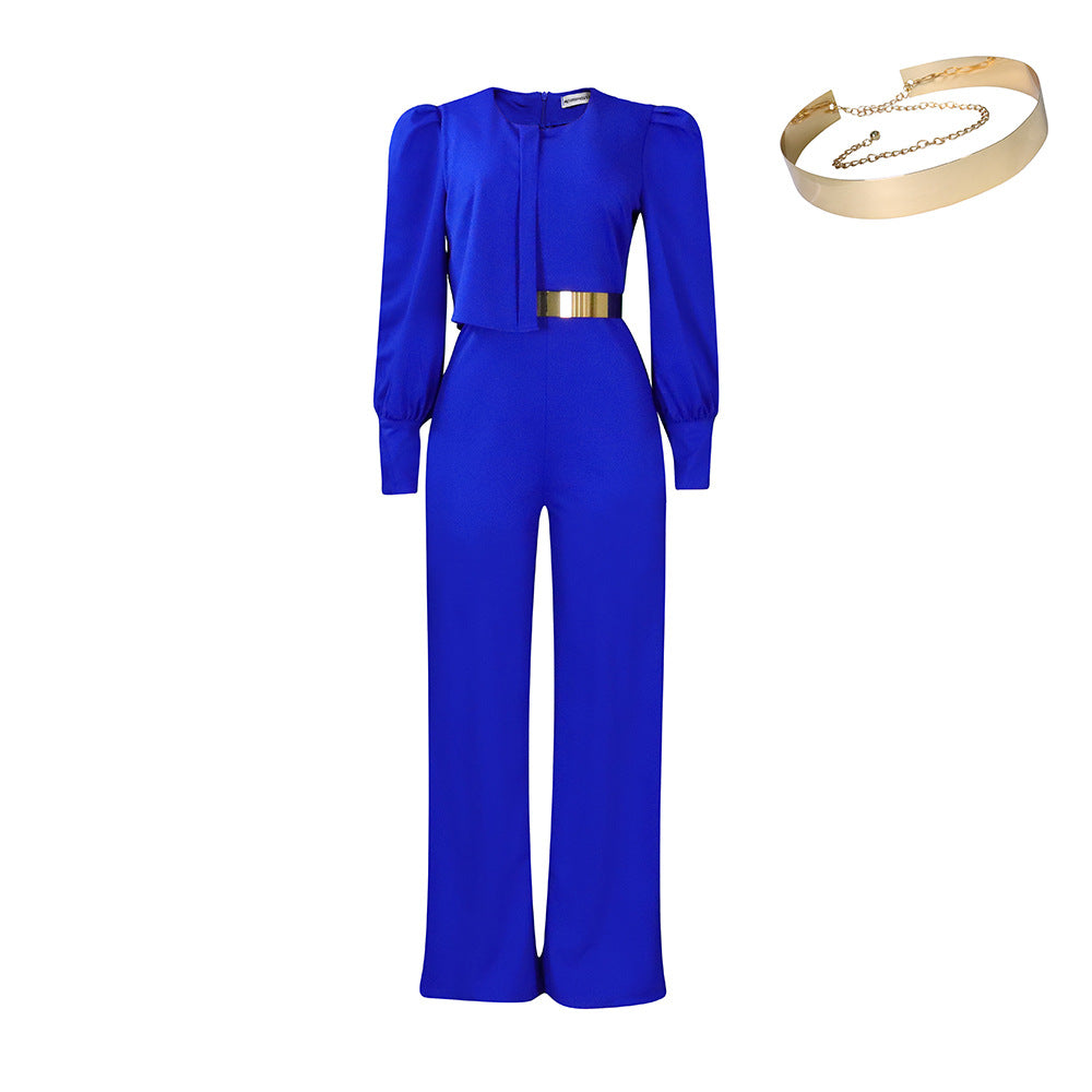 With Belt Women Clothing Spring Long Sleeve Casual Wide Leg Jumpsuit