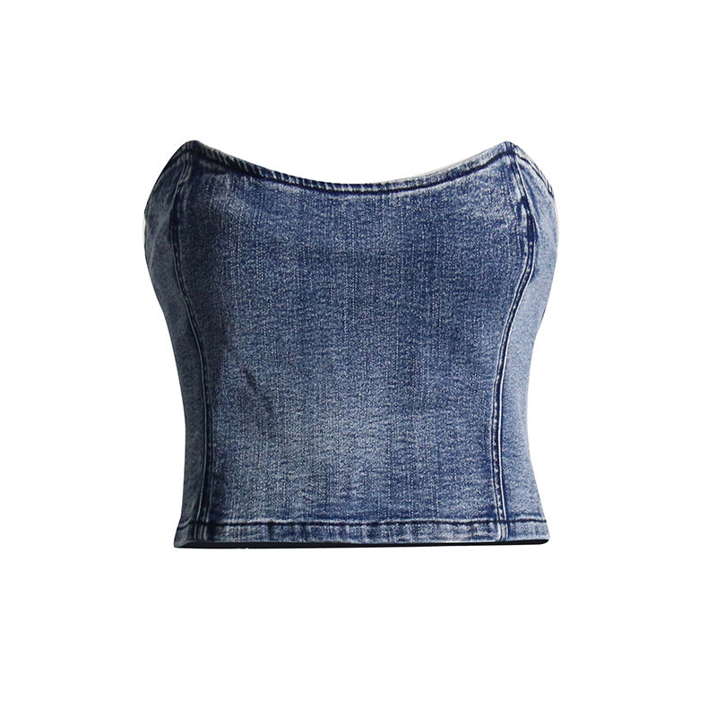 Sexy kurzes Tube-Top für Damen, hochwertiges Slim Fit Slimming-Outfit zum Draußentragen, Denim-Tube-Top für Damen