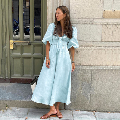 Vestido elegante francés de verano, vestido Sexy de lino y algodón con corte bajo y cuello en V, manga abombada y cintura alta