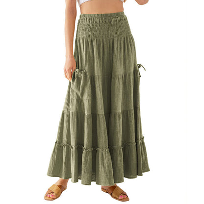 Women Ultra Long Bohemian Dress Summer Elegant Renaissance Pocket Cotton Double Layer Gauze Skirt