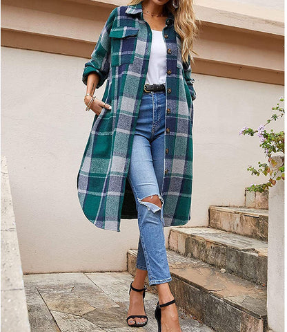 Women Clothing Popular Long Sleeve Loose Plaid Shirt Woolen Long