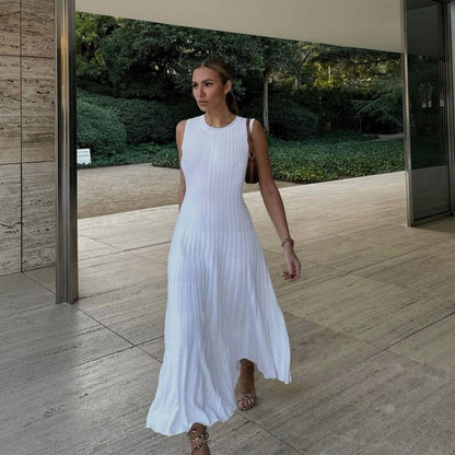 Vestido de punto de primavera y verano, vestido informal de cintura ajustada con cuello redondo y rayas grandes, vestido Maxi de punto adelgazante para mujer