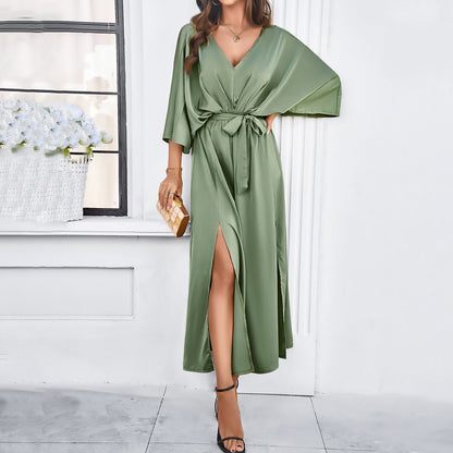 Women Clothing Spring Summer Elegant V neck Loose Dress