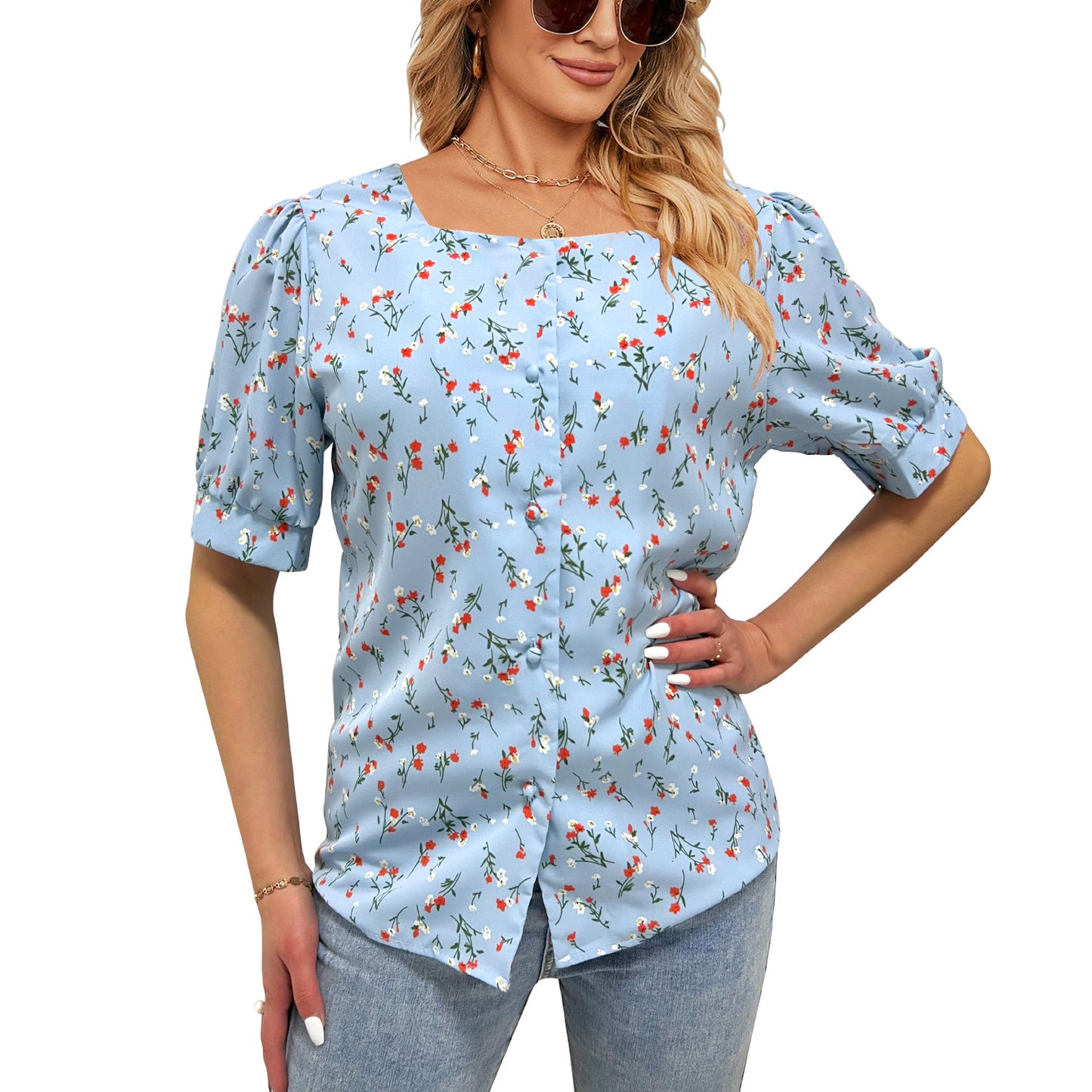 Women Summer Printed Single Breasted Short Sleeve Top