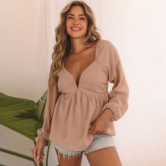 Camisa holgada sexi de manga larga con cuello en V para mujer, jersey de diseño plisado de Color sólido de otoño para mujer