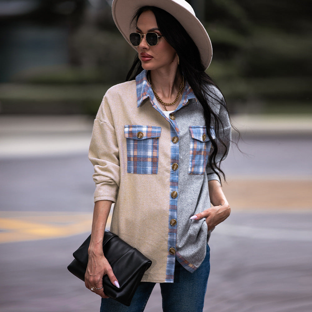 Women Autumn Winter Casual Waffle Knitted Jacket Loose Plaid Boyfriend Shirt