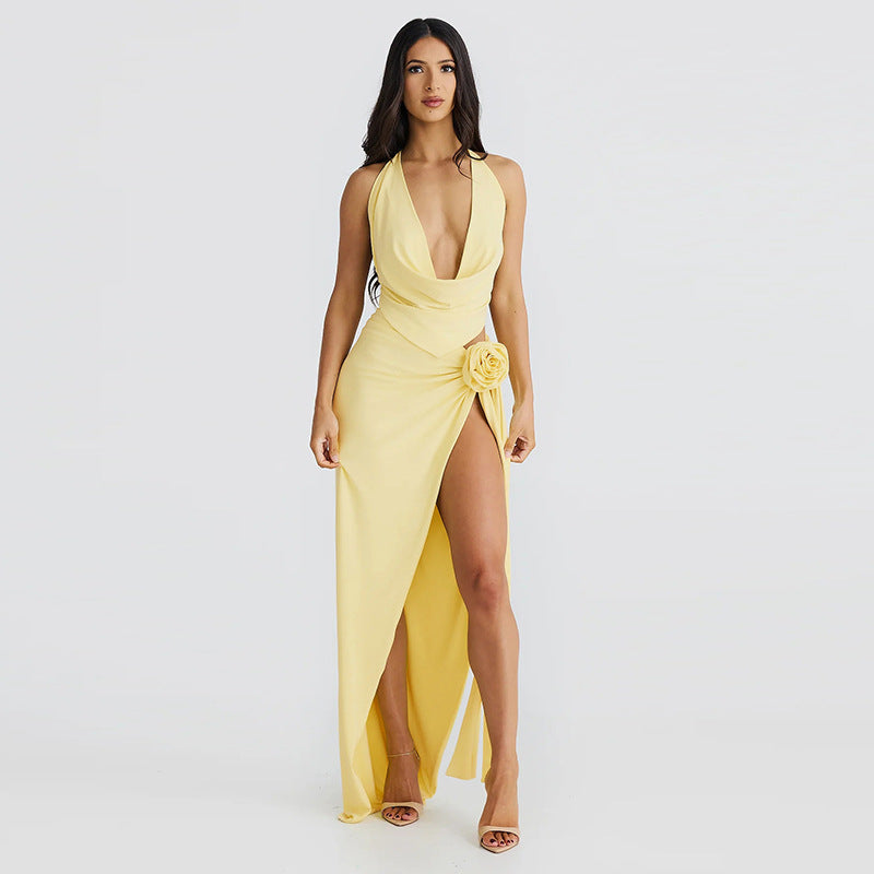 Sommer Damen Kleidung Schnürung Rückenfrei Sexy Deep V Plunge Neckholder Sling High Slit Mittellang Rock Set