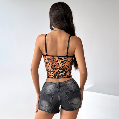 Chaleco corto con encaje y costuras de corte bajo con pecho envuelto sexy con estampado de leopardo para mujer