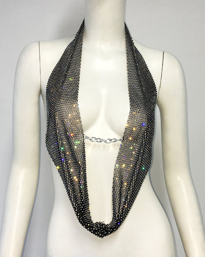 Ropa de mujer, Top Sexy y fresco con personalidad, Top con tirantes finos y cuello Halter, Top con cadena de diamantes de imitación de rejilla