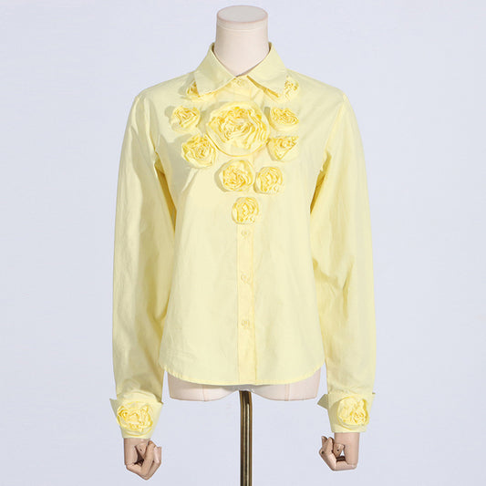 Camisa informal holgada de manga larga para mujer, camisa informal de Color sólido con cuello tipo Polo, Floral tridimensional, de verano