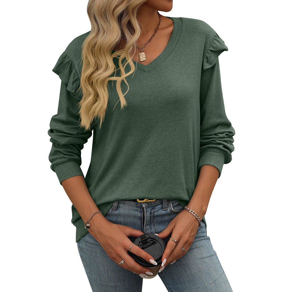 Camiseta holgada informal de manga larga con cuello en V para mujer, otoño e invierno