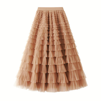 Mesh Tiered Skirt Women Spring Autumn Dress Fairy White Yarn Skirt Pleated