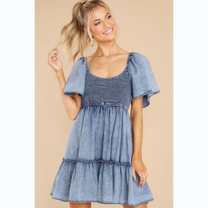 Spring Summer Close-Fitting Sexy Fresh Sweet Babydoll Denim Dress Smocked