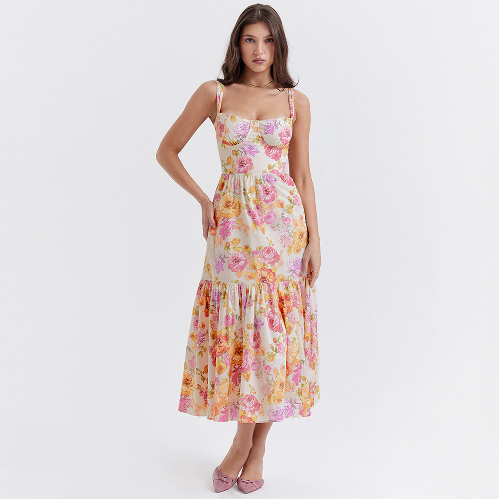 Summer Women Collection Dress Sweet Spicy Floral Midi Backless Sleeveless Strap Dress for Women Summer