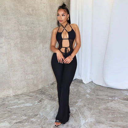 Summer Sleeveless Lace up Backless Slightly Flared Sexy Wide Leg Jumpsuit for Women