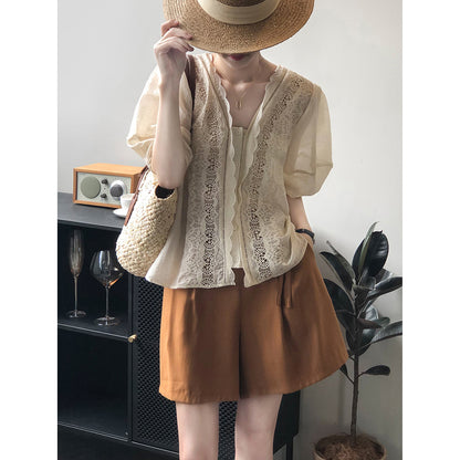 V Neck Puff Sleeve Shirt Women Summer Sweet Lace Embroidered Hollow Out Cutout Doll Shirt