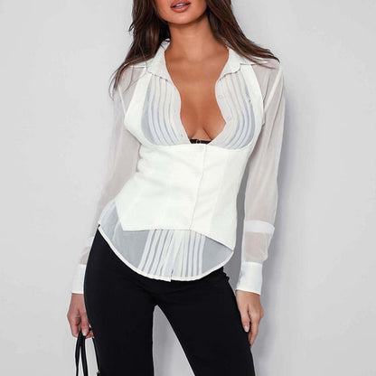 Women Polo Collar Shirt Vest Two Piece Set Sexy Halter Waist Tight Top Suit