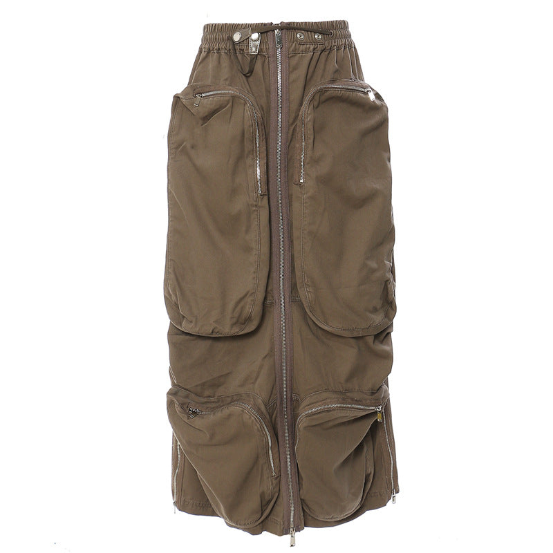 Workwear Camouflage Three Dimensional Zipper Pocket Side Slit Mid Length Skirt